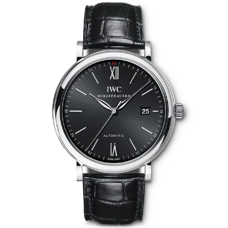 Portofino 40mm Black Sunray Dial Men-s Leather Strap Watch