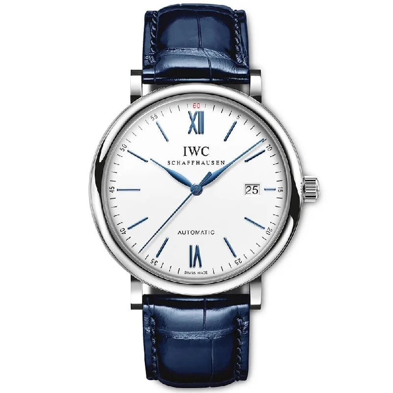 Portofino 40mm White/Blue Dial Men-s Leather Strap Watch