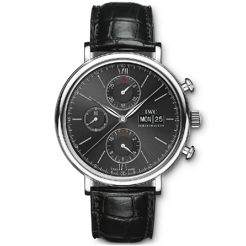 Portofino 42mm Black Dial Men-s Chronograph Leather Strap Watch