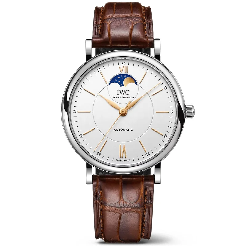 Portofino Moonphase 40mm Silver Dial Men-s Leather Strap Watch