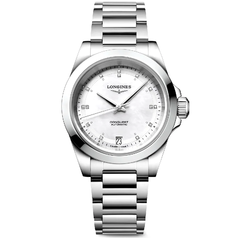 Conquest 34mm White Diamond Dial & Bezel Ladies Bracelet Watch