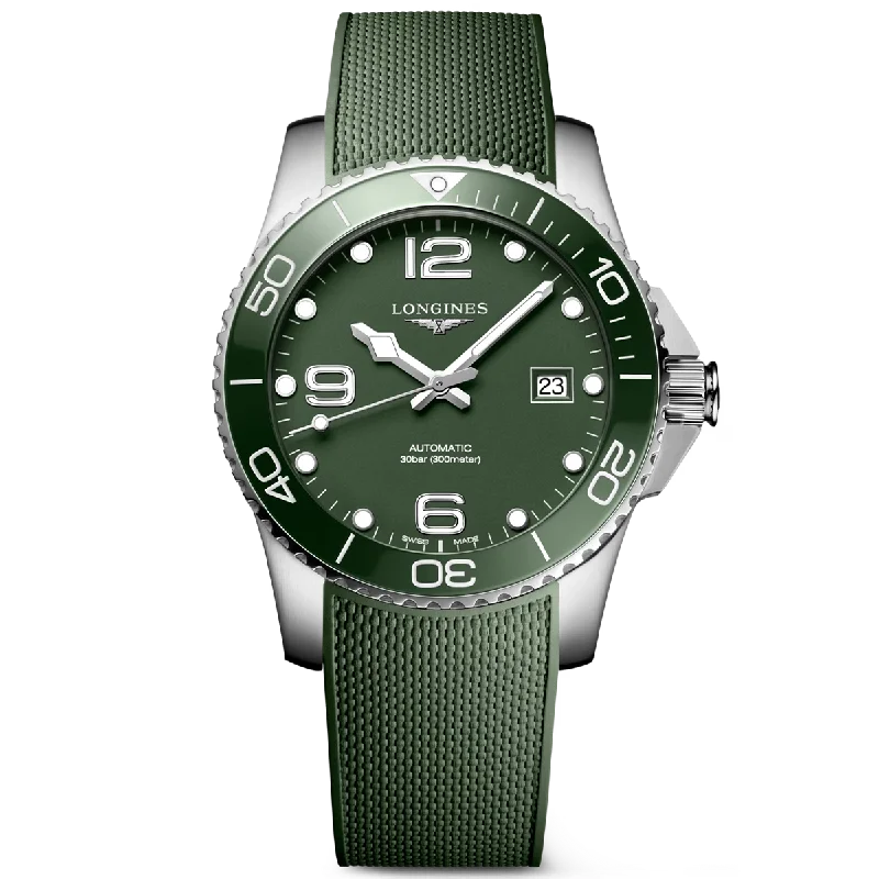 HydroConquest 41mm Green Dial & Ceramic Bezel Men-s Rubber Strap Watch