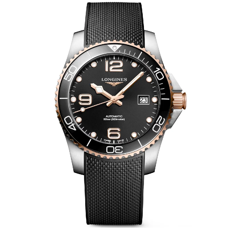 HydroConquest 41mm Two-Tone Black Dial Men-s Rubber Strap Watch